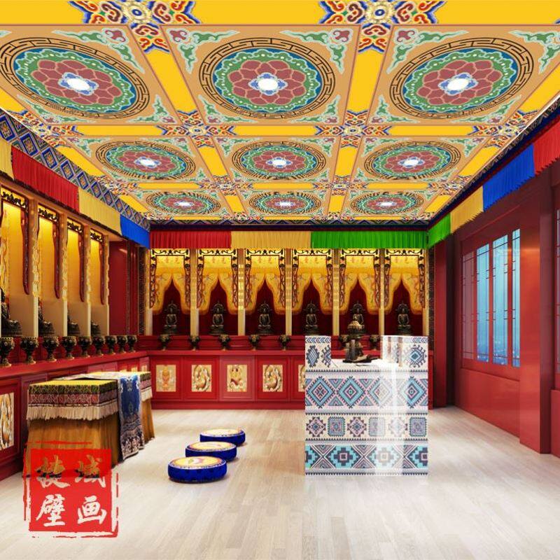 藏式唐卡墙纸民族坛城墙布金色莲荷花吊顶壁纸佛堂天花板酒店壁画
