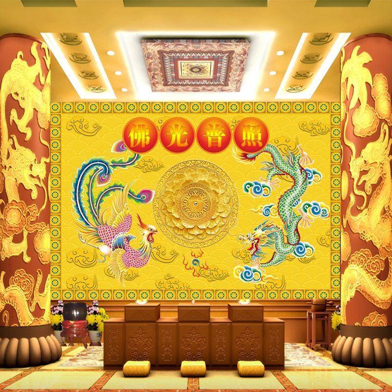 龙凤呈祥墙纸寺庙墙布佛光普照壁画金色3d佛堂佛龛装饰背景墙壁纸