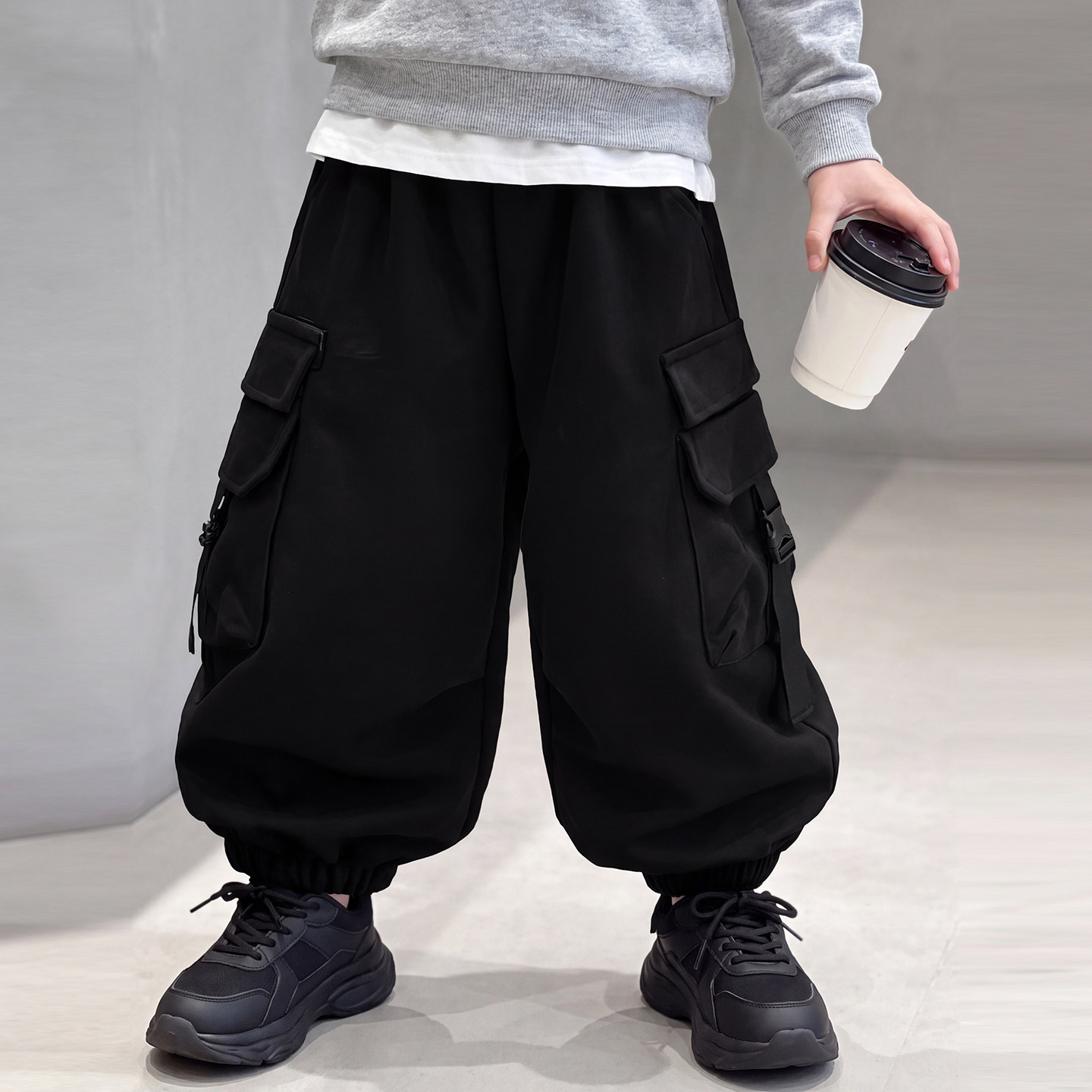 男童黑色工装束脚裤秋季新款休闲