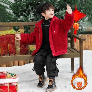 男童加绒毛毛衣秋冬装2025新款男宝宝羊羔绒红色过新年拜年服外套