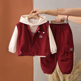 男童马甲卫衣套装2025春秋新款儿童韩版百搭马夹连帽工装裤三件套
