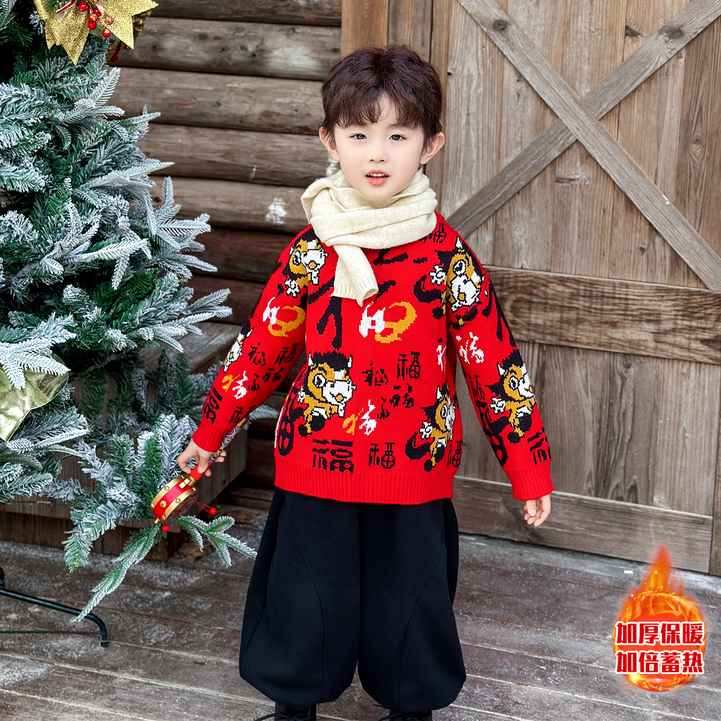 儿童装男童卡通马年红色毛衣年服