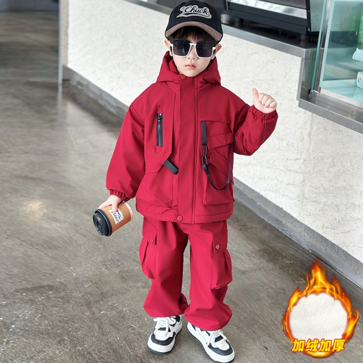 男小童工装套装冬装加绒加厚衣服