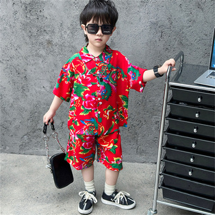 男童短袖套装2025新款儿童东北大花衬衫短裤两件套幼儿园表演服潮