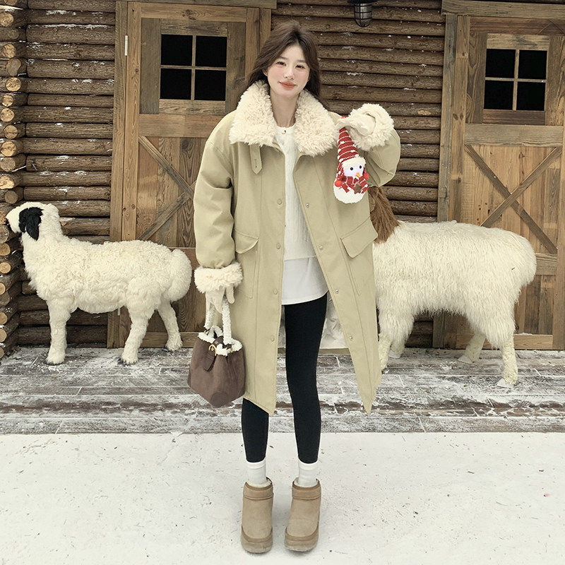 超好看羊羔毛羽绒服女2025冬季新款中长款加厚内胆潮白鸭绒派克服