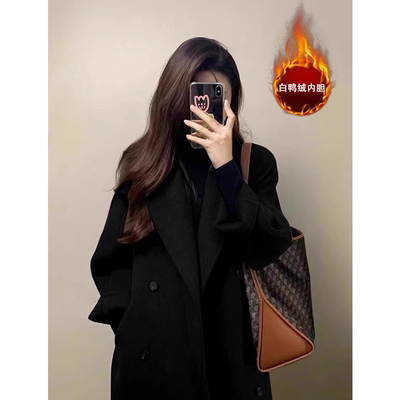 黑色中长款羽绒服女冬季小个子高级感羽绒内胆羊绒毛呢子大衣外套