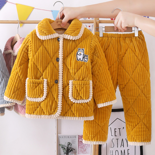 儿童法兰绒睡衣冬季女童男童珊瑚绒加厚款宝宝套装秋天夹棉家居服
