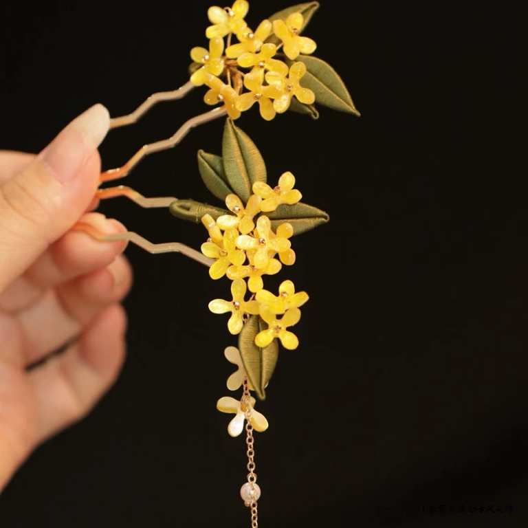 新中式缠花发簪简约现代桂花簪子女童少女发钗头饰后脑勺公主u簪