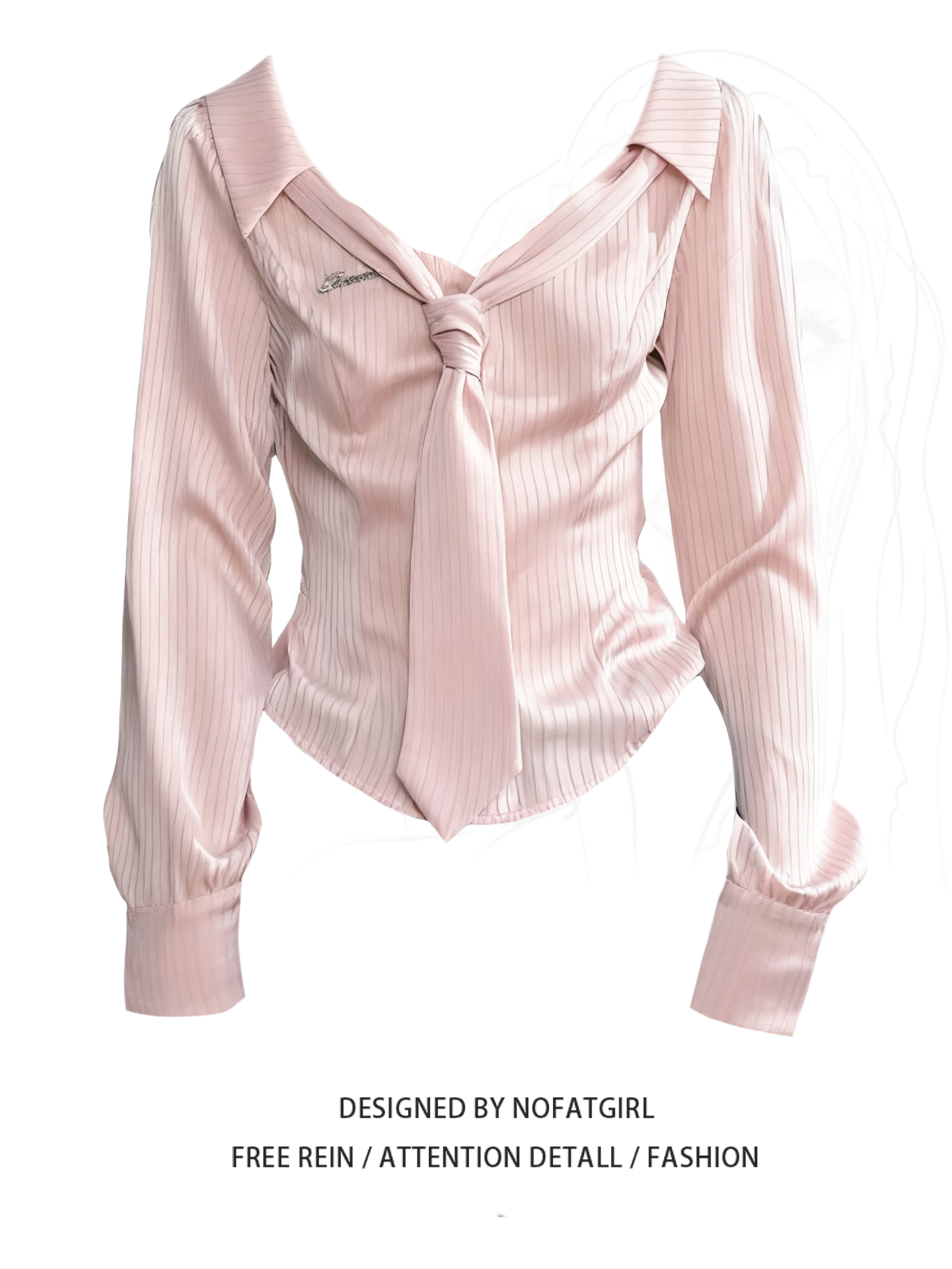 thumbnail for Large size fat MM French preppy style V-neck bow lace-up striped shirt women's autumn waist slimming and versatile top