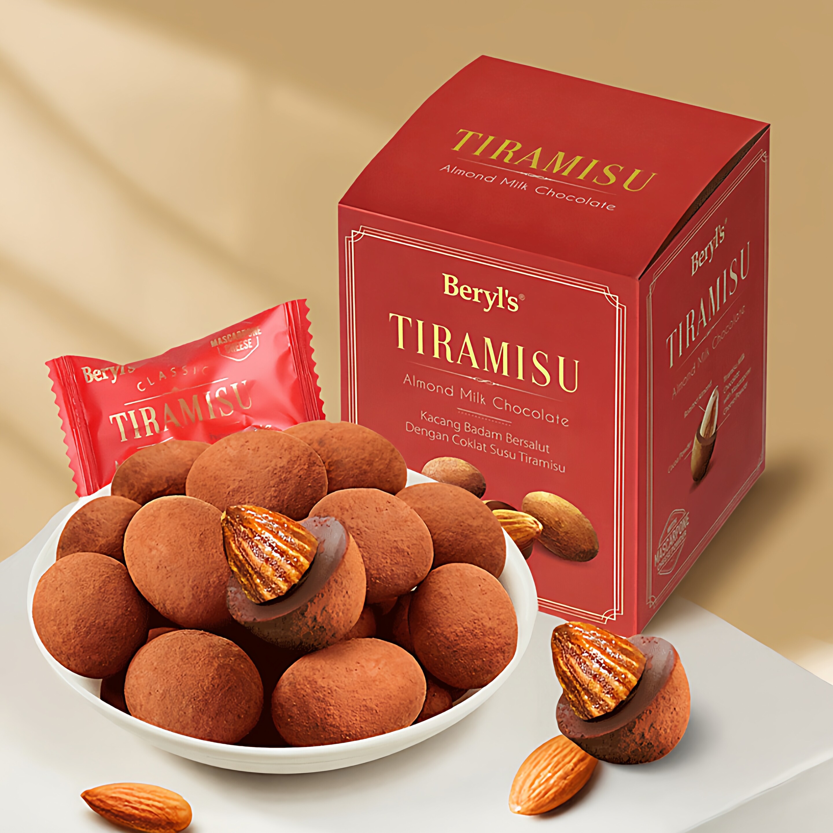 马来西亚进口零食beryls倍乐思提拉米苏扁桃仁夹心牛奶巧克力盒装