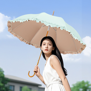 日式小清新长柄雨伞女晴雨两用弯钩花边半自动遮阳彩胶防晒太阳伞