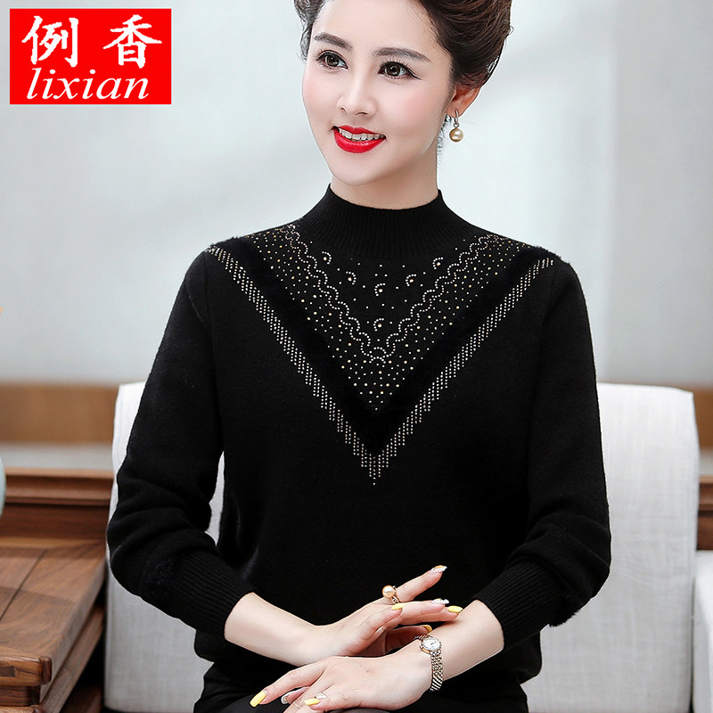 中老年加绒加厚羊毛打底衫冬装加大妈妈毛衣女半高领奶奶黑色保暖
