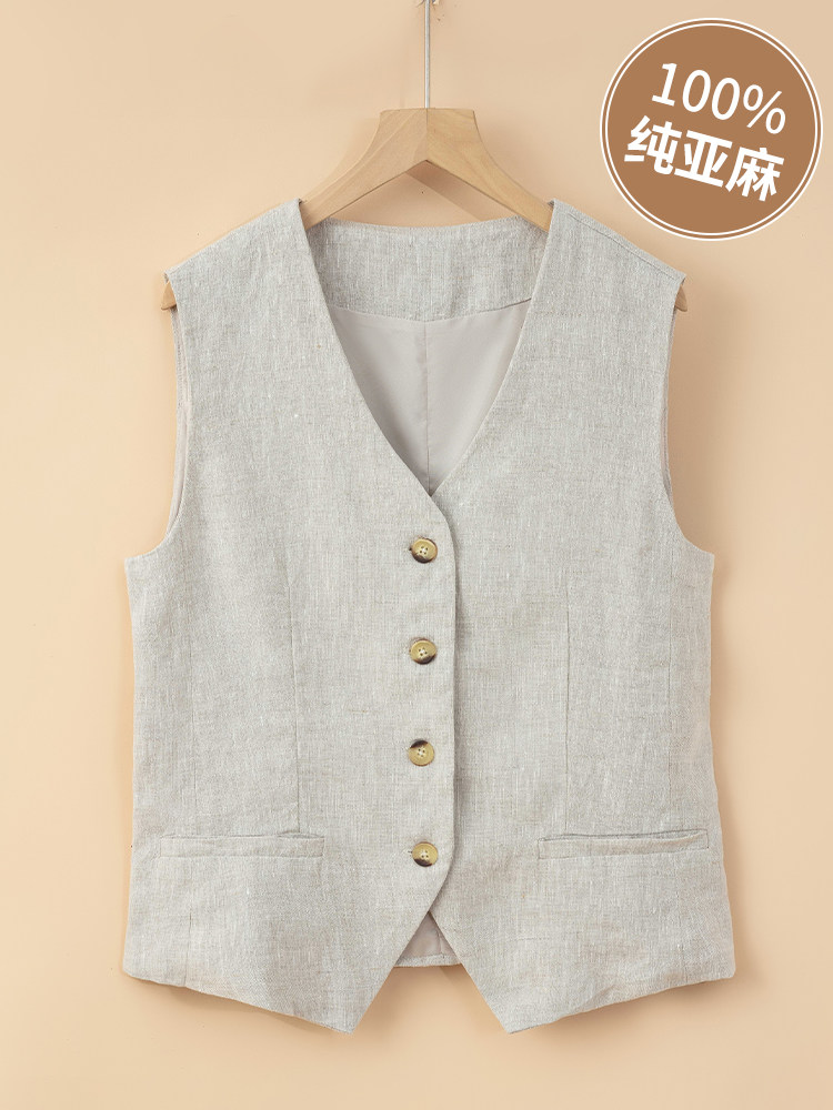 纯亚麻背心夏季薄妇女的外背心2025年新的修身短袖西装亚麻背心
