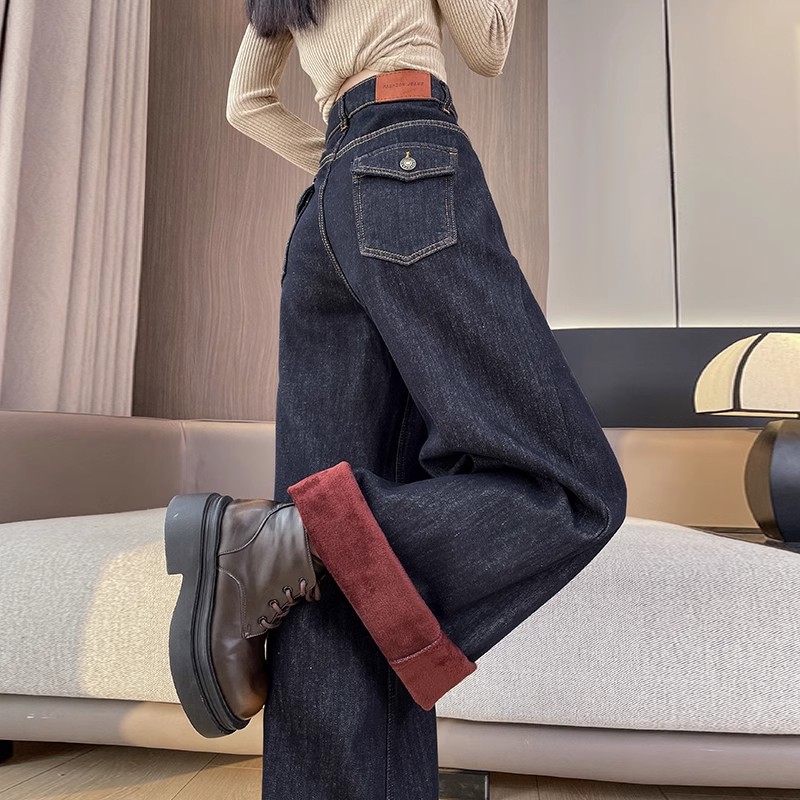 深蓝色加绒阔腿牛仔裤女冬季流行风格高腰显瘦加厚保暖直筒长裤子