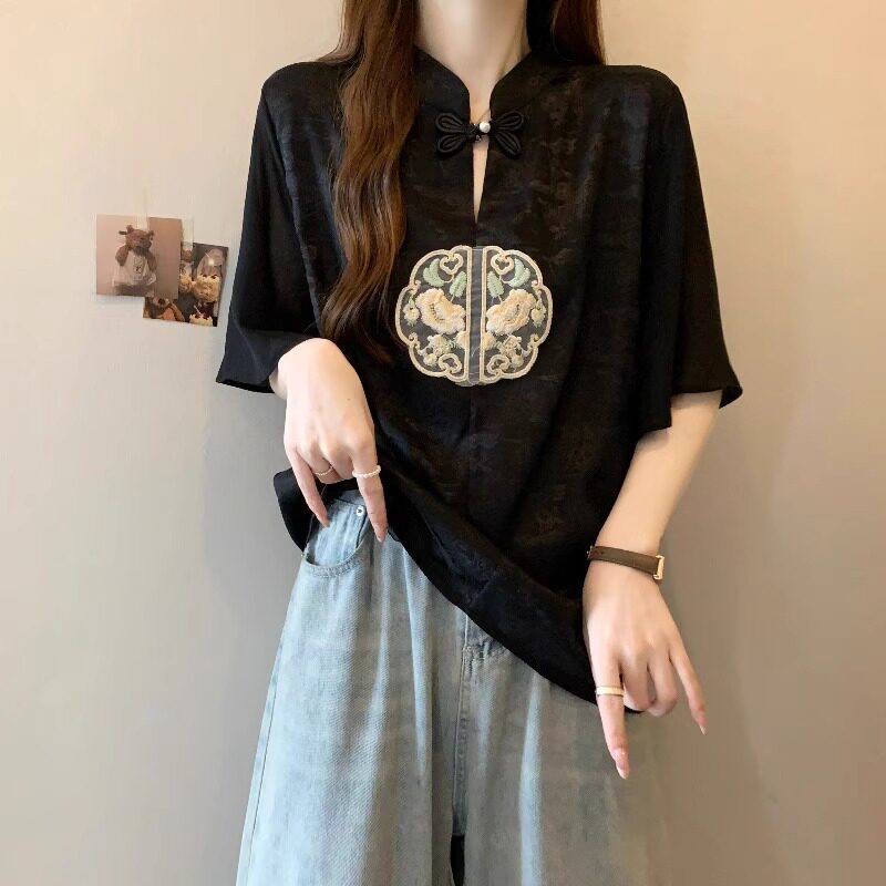 新中式国风短袖衬衫女夏季新款大尺码显瘦遮肚子醋酸七分袖休闲上