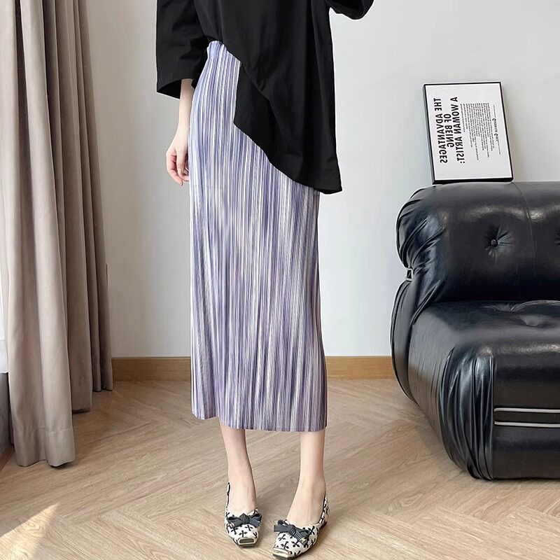 渐层色褶皱半身裙女2025夏季新款气质百搭高腰显瘦中长版休闲裙子