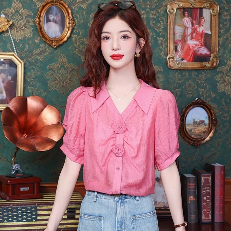 法式雪纺短袖衬衫女2025夏季新款小众设计感气质上衣别致漂亮小衫