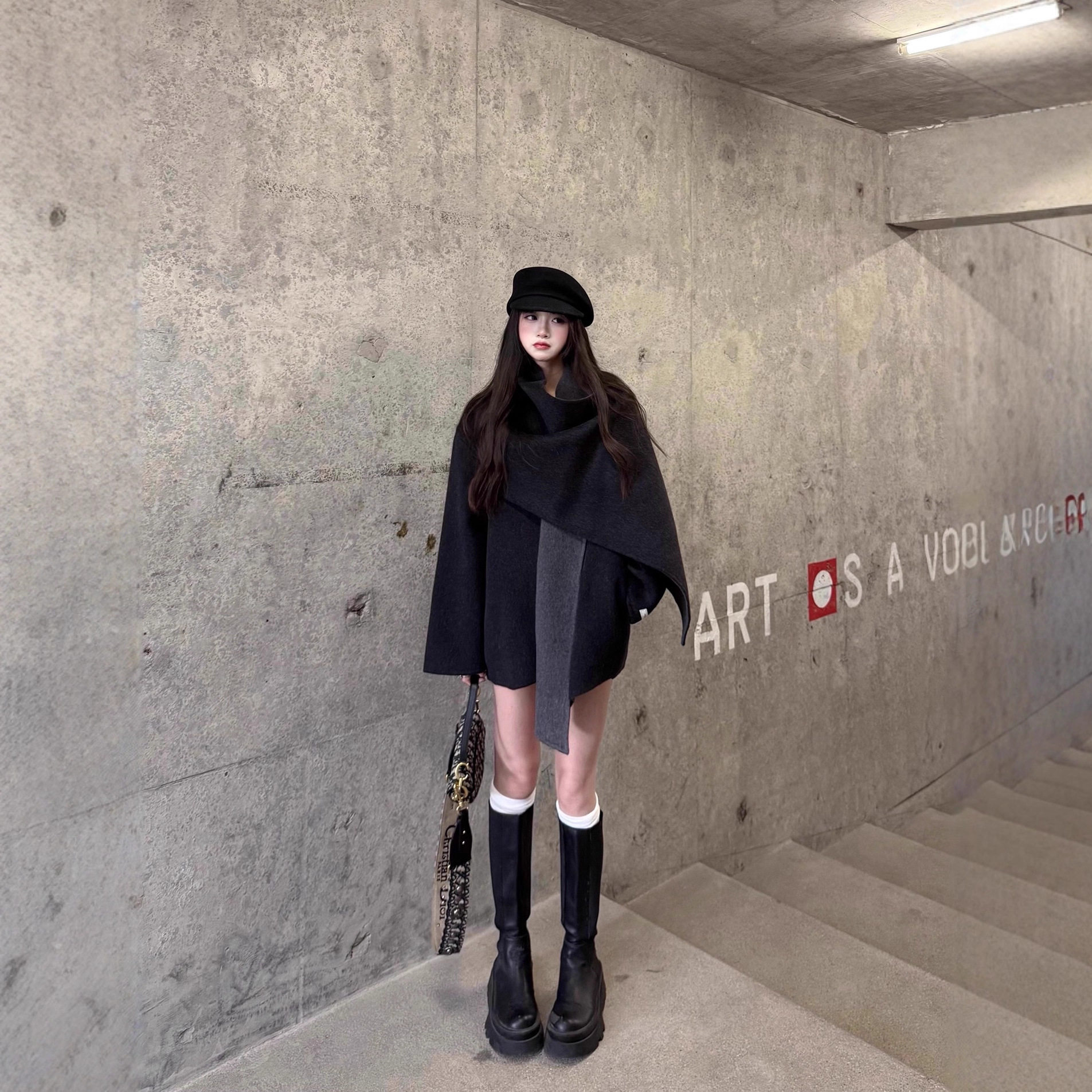 小个子羊绒拼色围巾双面羊毛女大衣2025秋冬高级感斗篷式毛呢外套,女装/女士精品,大码呢大衣,淘宝优惠券,粉丝福利购,淘宝优惠卷