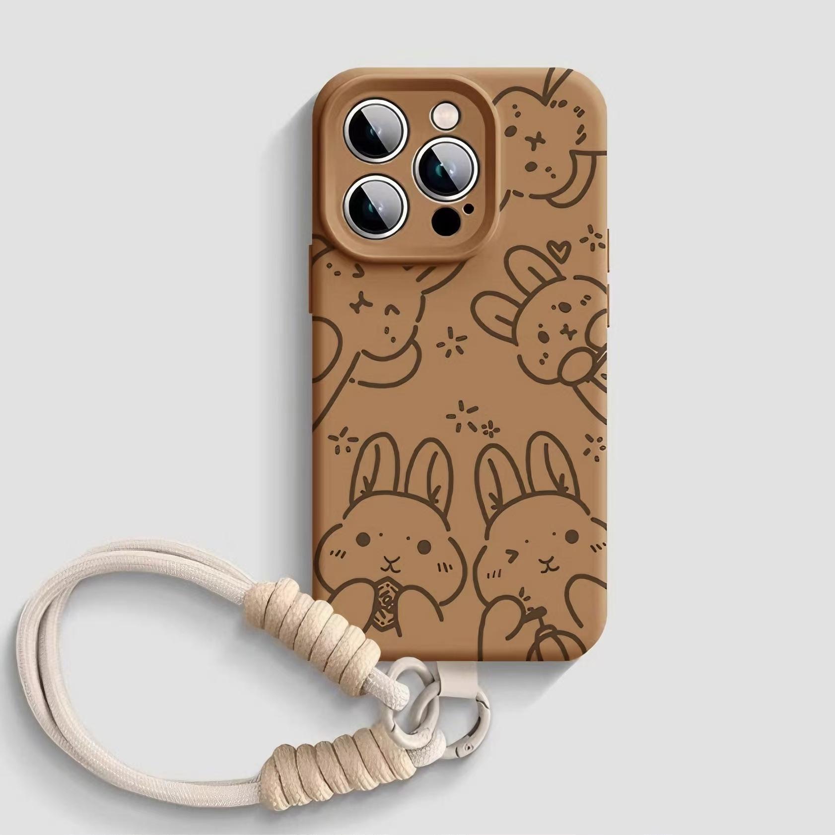 线条兔子液态硅胶适用苹果16手机壳带挂绳iPhone15promax高级感全包防摔12超薄14plus情侣男可爱13女保护套软