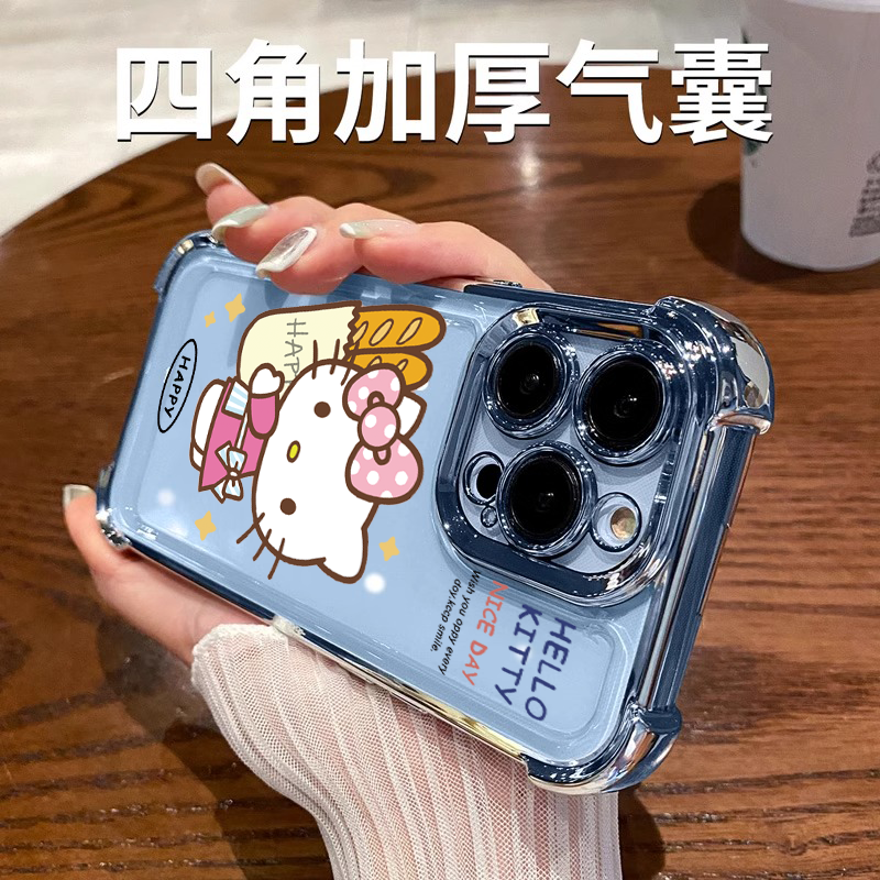 凯蒂猫四角气囊防摔适用苹果15promax手机壳iphone14plus软套16电镀13pm文字中国风12硅胶全包11pro女xs xr套