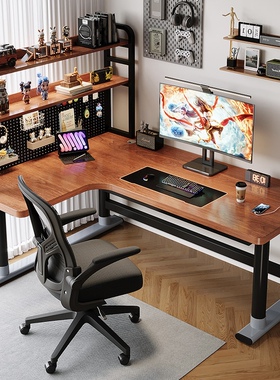 实木转角电脑桌家用台式书桌书架一体电竞桌卧室L型双人办公桌子