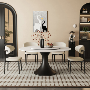 法式复古风岩板餐桌椅组合现代简约轻奢小户型家用圆形带转盘圆桌