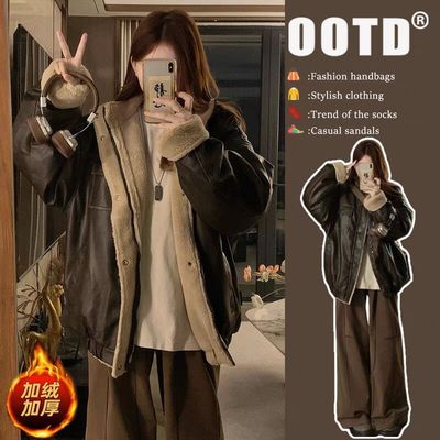 美式复古咖色皮毛一体棉