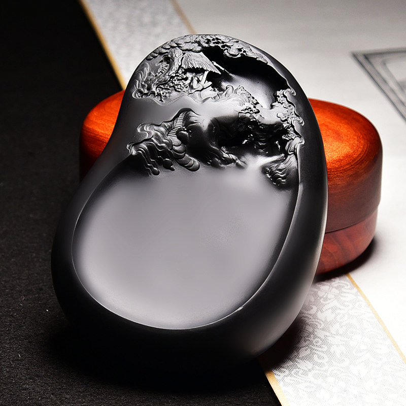 精品高档珍藏礼品文房四宝纸墨笔砚天然原石安徽歙县龙尾山老坑黑龙尾歙砚端书法国画研磨墨块专用包邮砚台