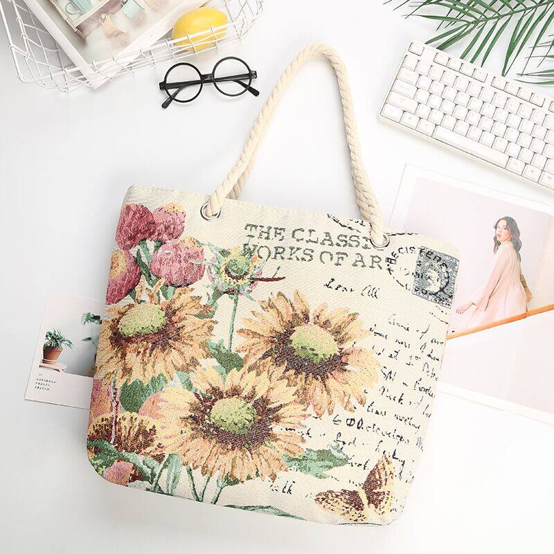 新款双面加金丝绣花兰花图案帆布单肩包时尚百搭女大学生书包提包