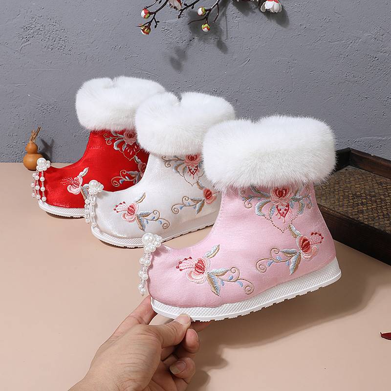 汉服鞋子女童冬季中国风拜年鞋红色棉靴古装加绒绣花鞋民族风靴子