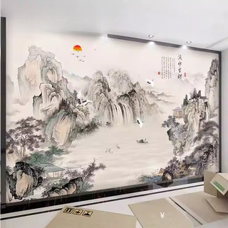 3D立体办公室墙纸中式山水画风景壁纸壁画客厅电视背景墙沙发墙布