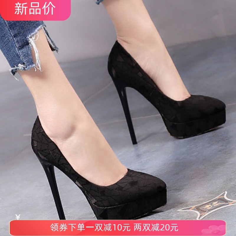 恨天高12cm超高跟防水台尖头细跟单鞋气质性感女鞋313233小码定做