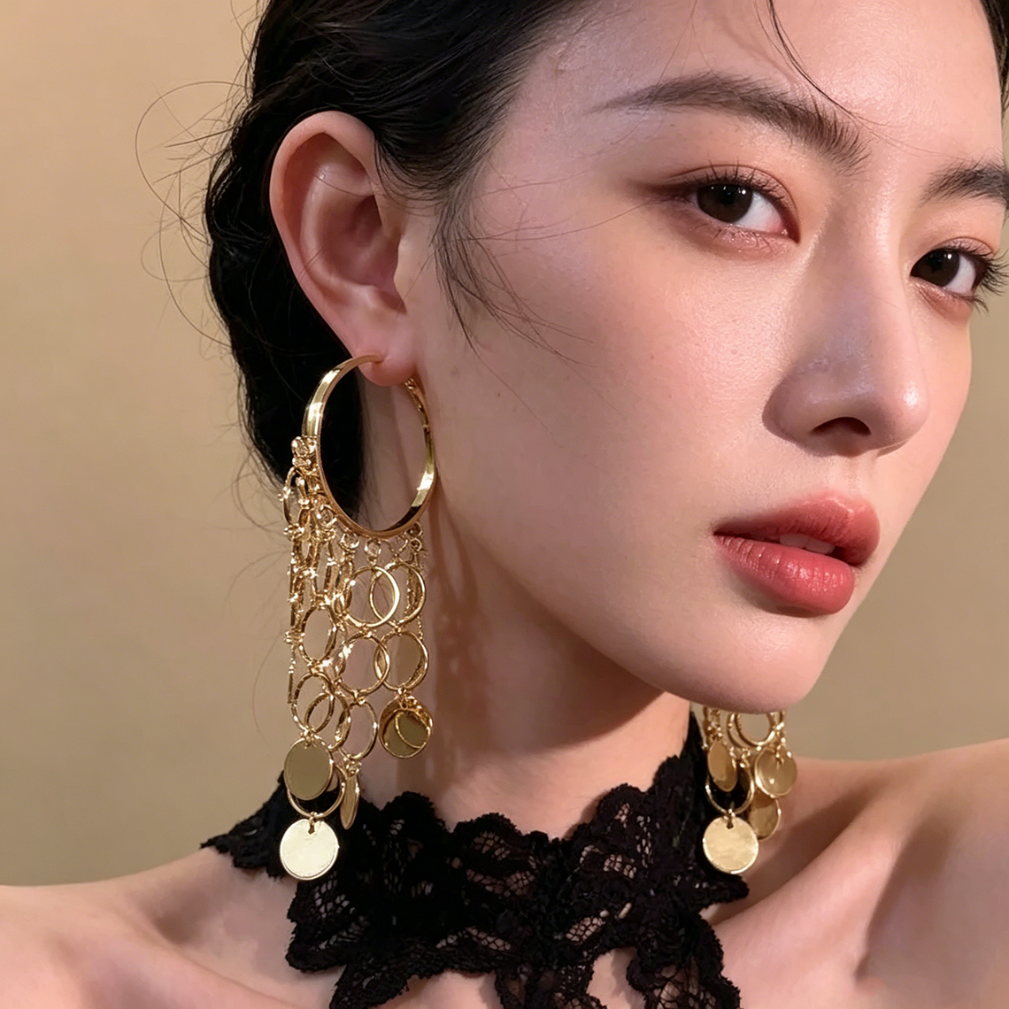 圆脸显瘦金属亮片流苏大耳圈夸张气质长款耳环小众设计高级感耳饰