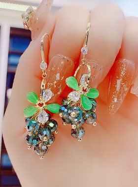 韩国超仙绿色水晶花朵流苏耳环设计感轻奢耳饰女夏季无耳洞耳夹