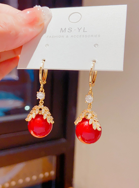 红色珍珠耳环女高级感秋冬轻奢锆石耳扣新年结婚耳饰无耳洞耳夹女