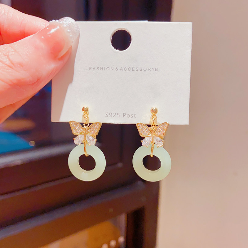 复古新中式平安扣耳环古风轻奢蝴蝶耳钉纯银针气质百搭无耳洞耳夹