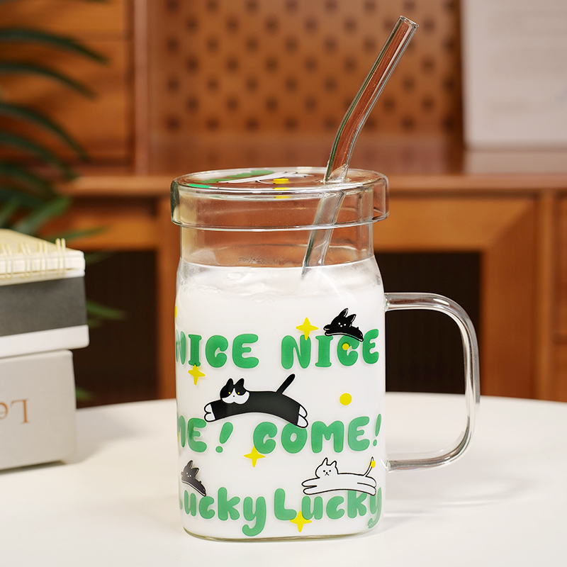 高颜值女玻璃杯创意方形水杯大容量卡通杯子带把手家用饮料果汁杯