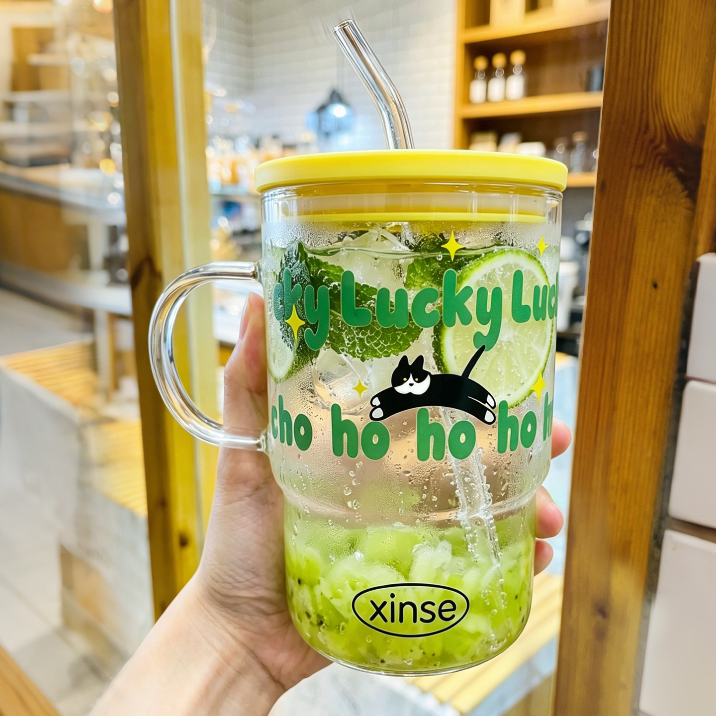 玻璃水杯子耐高温带盖牛奶吸管杯