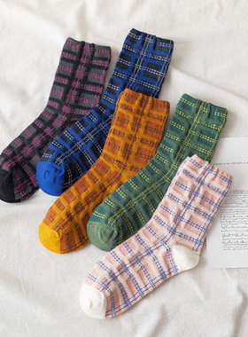 toooot新款韩系东大门精梳棉女袜中筒袜子透气舒适女袜百搭格纹