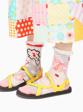 toooot日系卡哇伊蝴蝶结兔兔镂空木耳边可爱透气棉袜薄款中筒袜女