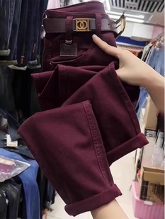 弹力梨形身材高腰九分老爹裤 酒红色加绒哈伦牛仔裤 女2025秋冬大码