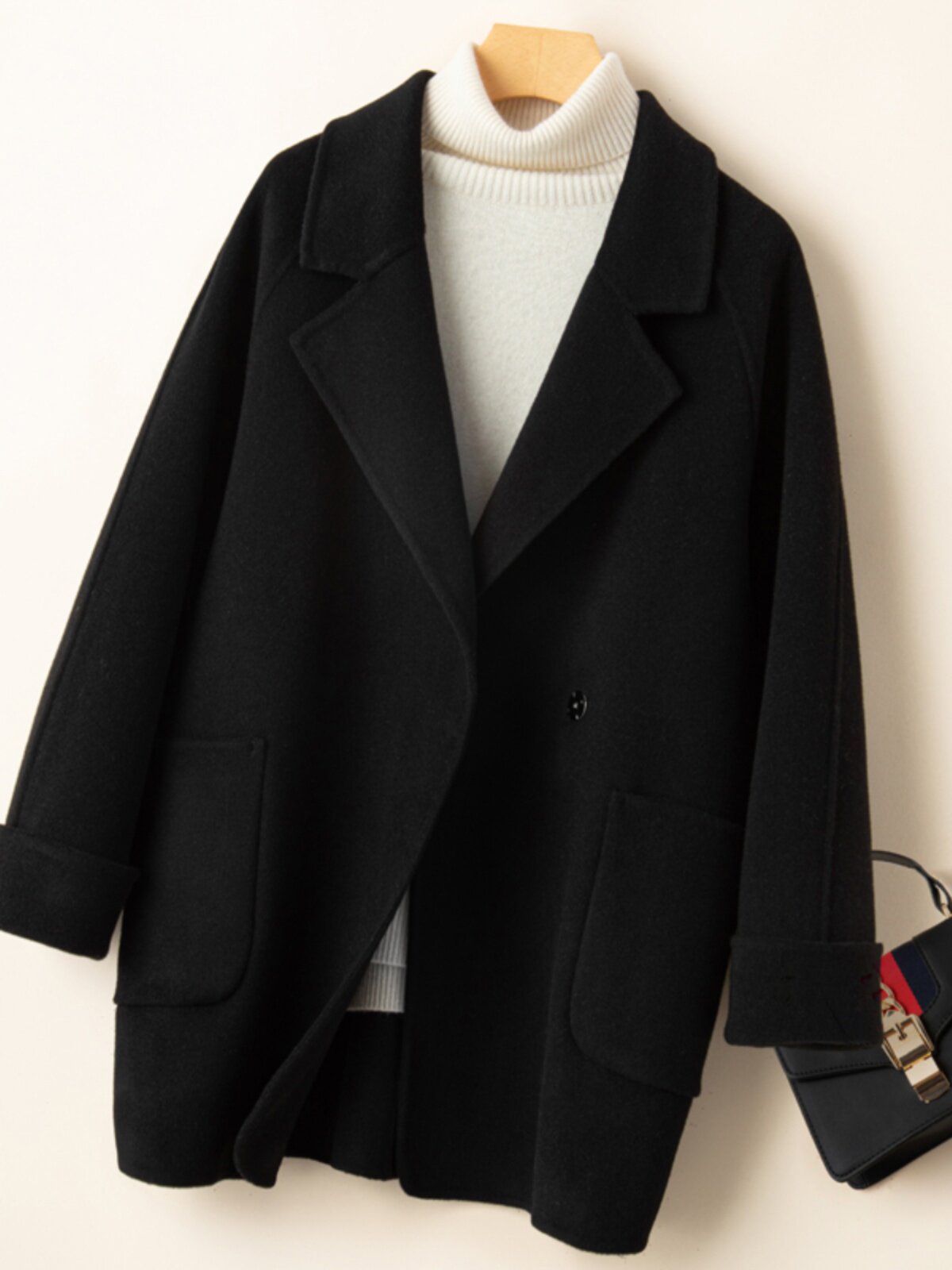 潮牌小个子双面厚绒大衣女2025年秋冬新款显瘦黑色西装厚绒呢外套