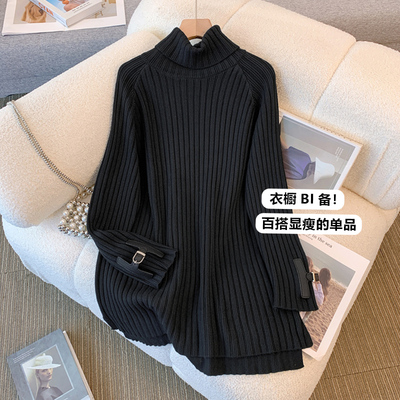 韩国黑色半高领针织毛衣女2025年秋冬季新款中长款打底衫开叉上衣
