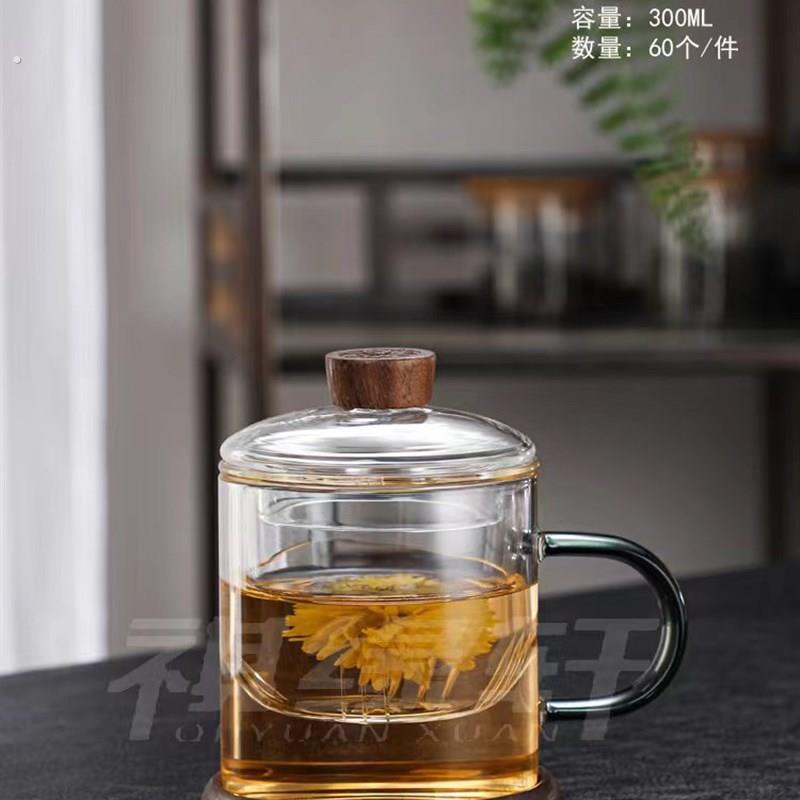 加厚耐高温玻璃杯三件套杯泡茶杯办公杯水杯防烫杯带内胆过滤杯新