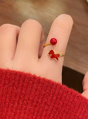 马年红色小马珍珠戒指开口戒指女
