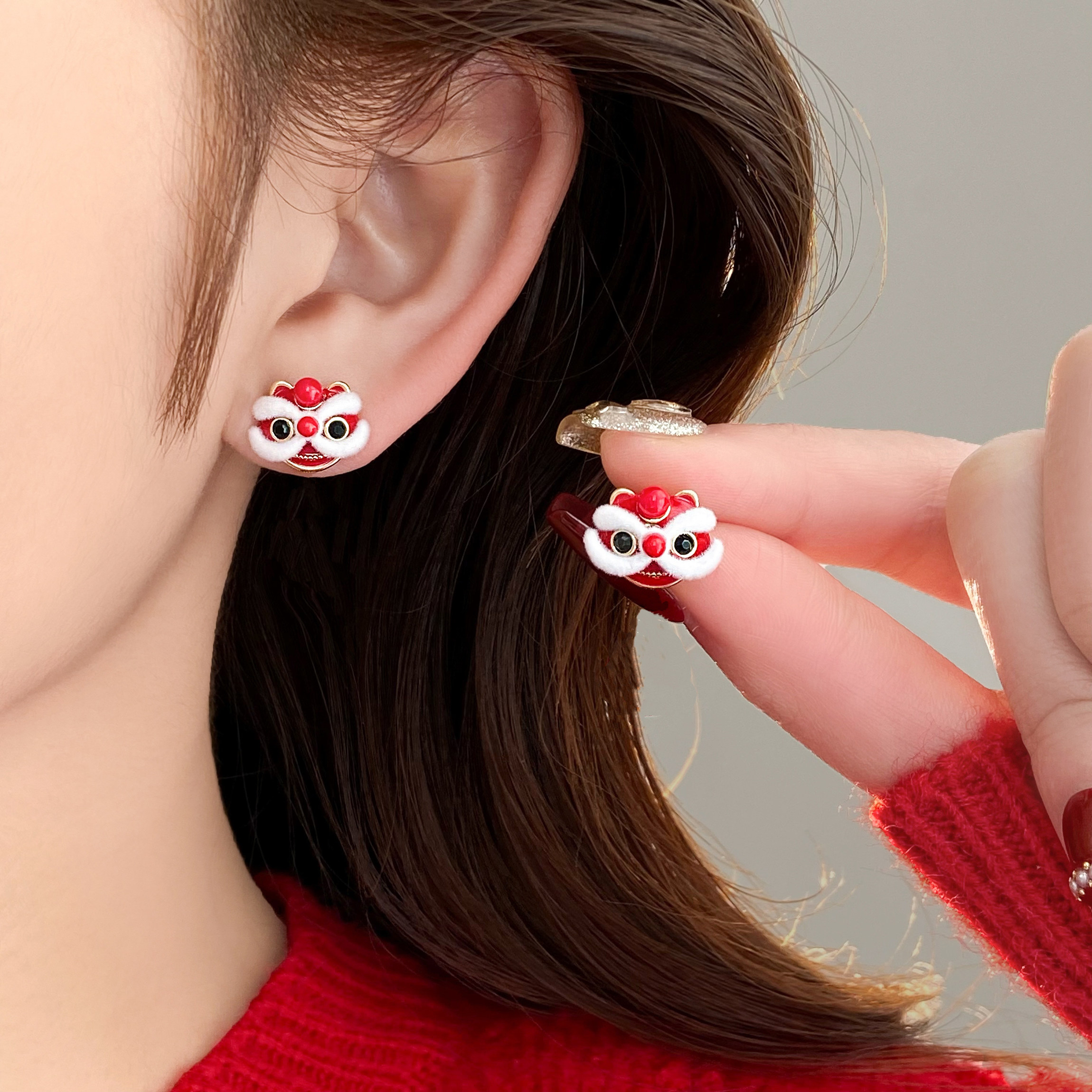 国潮毛绒醒狮新年耳环女耳钉2026新款爆款高级感适合冬天的耳饰,饰品/流行首饰/时尚饰品新,耳环,淘宝优惠券,粉丝福利购,淘宝优惠卷