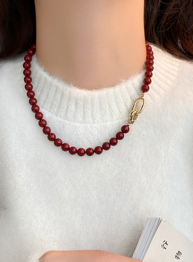 安可拉红珍珠毛衣链秋冬新款