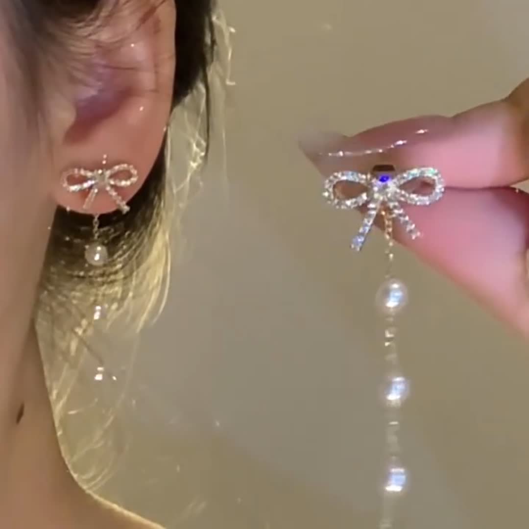 新款蝴蝶结流苏珍珠耳环