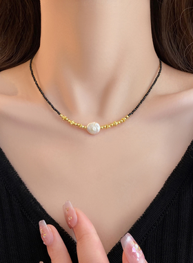 新中式黑色串珠项链女款2025新款爆款天然淡水珍珠颈链小众锁骨链