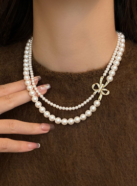 多层双层珍珠项链叠戴2025新款爆款高端秋冬毛衣链女配旗袍配裙子